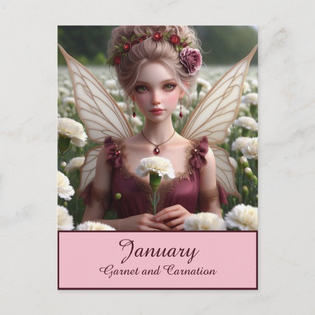 Beautiful January Fairy in Carnations Postcard (Front)