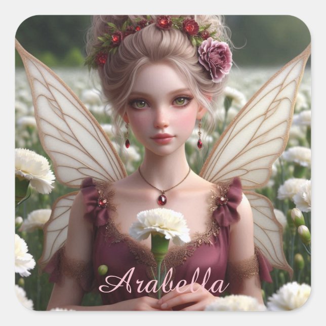 Beautiful January Fairy in Carnations Square Sticker (Front)