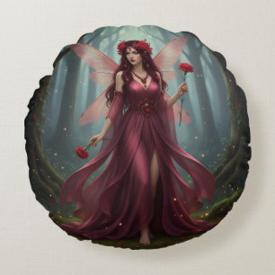 Beautiful January Garnet Fairy Round Pillow