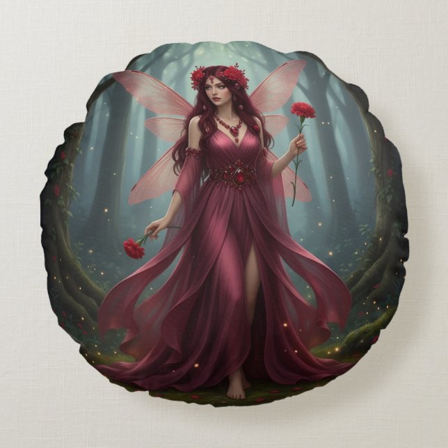 Beautiful January Garnet Fairy Round Pillow (Front)