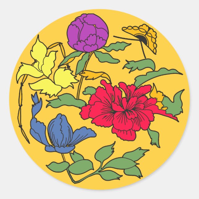 Beautiful Japanese Flower Art Classic Round Sticker (Front)