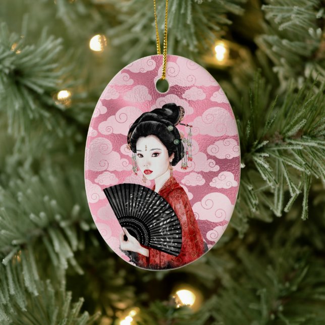 Beautiful Japanese Geisha and Cloud Christmas Ceramic Ornament (Tree)