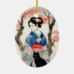 Beautiful Japanese Girl with a Black Cat Ceramic Ornament