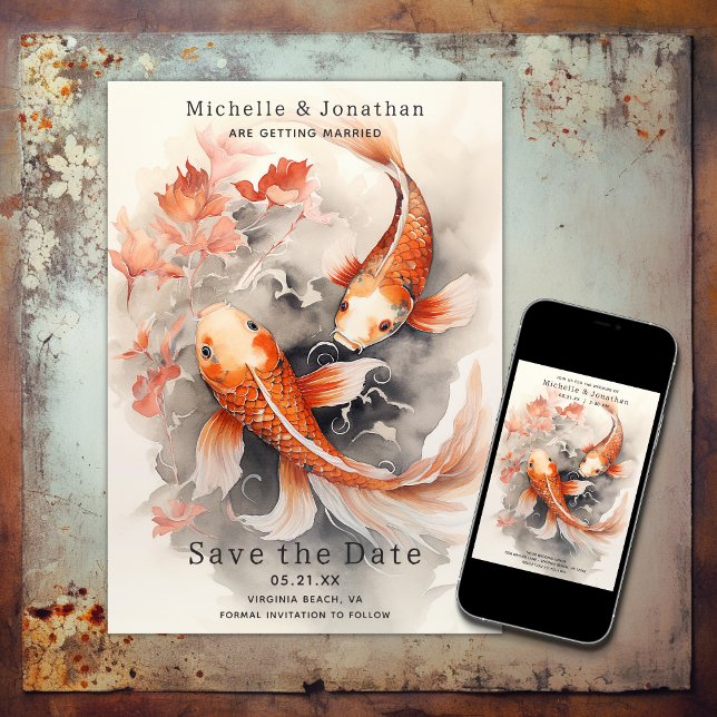 Beautiful Japanese Koi Fish Orange Beige Wedding Save The Date (Beautiful Japanese Koi Fish Orange Beige Wedding Save The Date)