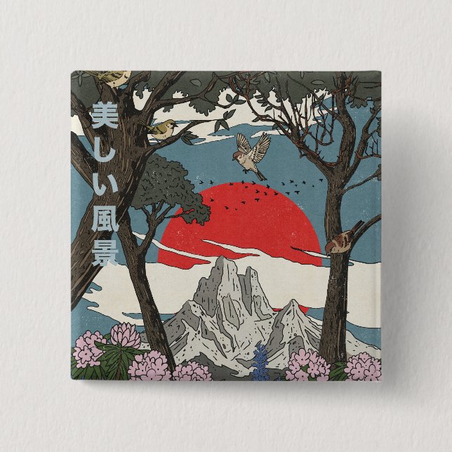 Beautiful Japanese Landscape 2 Inch Square Button (Front)