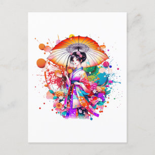 Beautiful Japanese Woman in Kimono Parasol Postcard