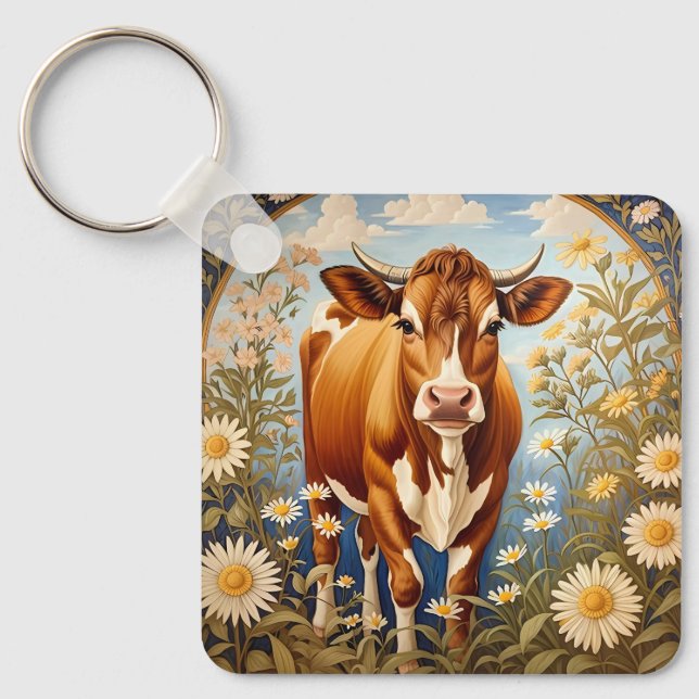 Beautiful Jersey Cow In Daisy field Vintage Keychain (Front)
