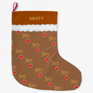 Beautiful Joy Heart Pattern on Brown Large Christmas Stocking