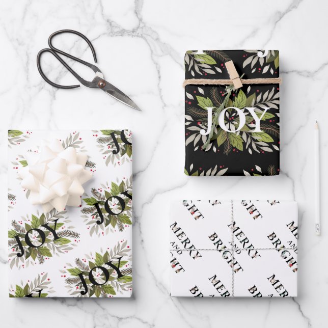 Beautiful JOY Winter Botanical, Merry & Bright Wrapping Paper Sheet (Front)