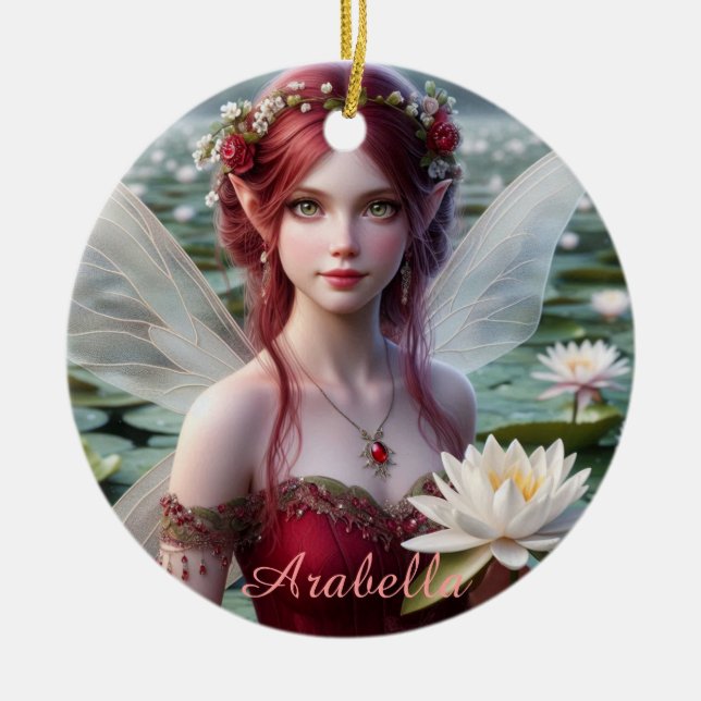 Beautiful July Fairy in Water Lilies Ceramic Ornament (Front)