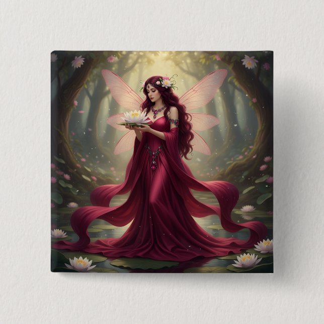 Beautiful July Ruby Fairy 2 Inch Square Button (Front)
