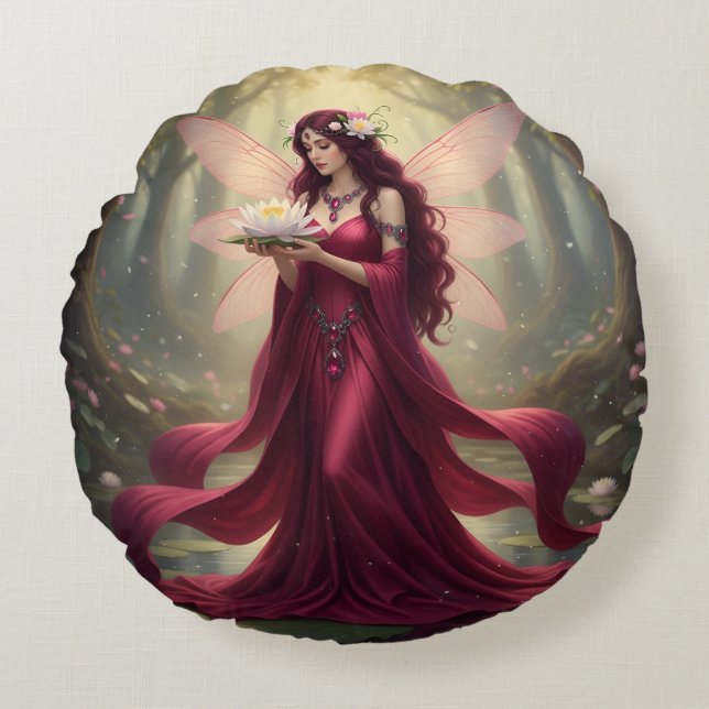 Beautiful July Ruby Fairy Round Pillow (Front)