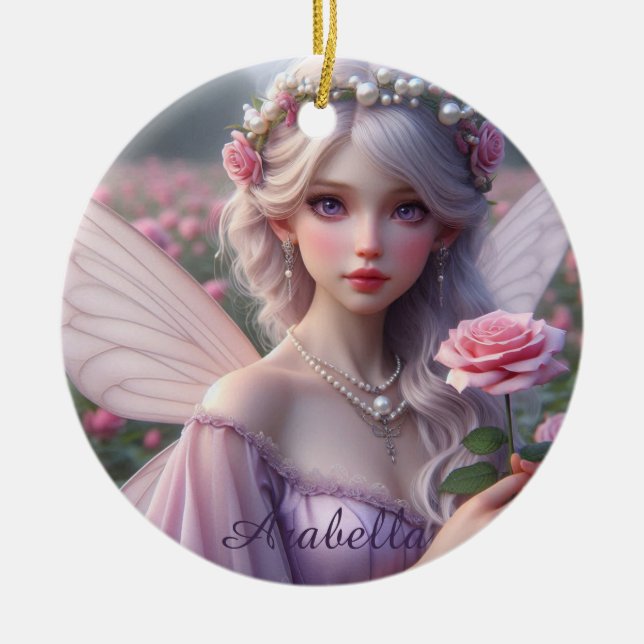 Beautiful June Fairy in Roses Ceramic Ornament (Front)