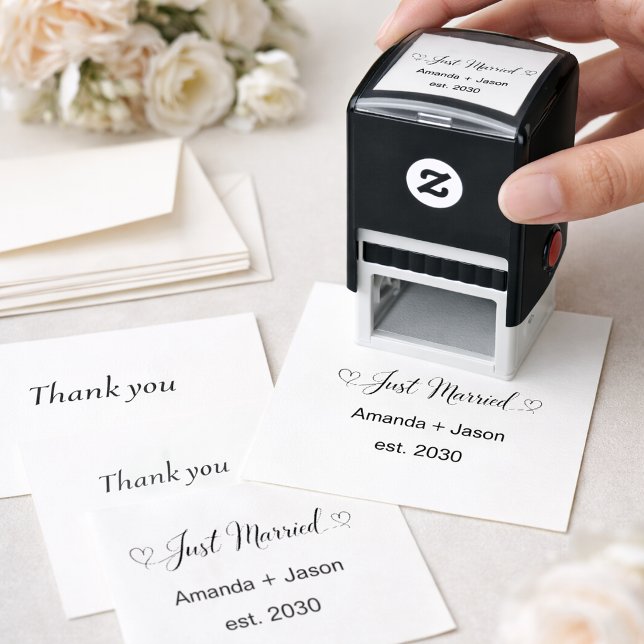 Beautiful Just Married Hearts Black Script Self-inking Stamp (Creator Uploaded)