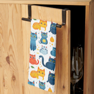  Beautiful kawaii cats, playing with toys white ba Kitchen Towel