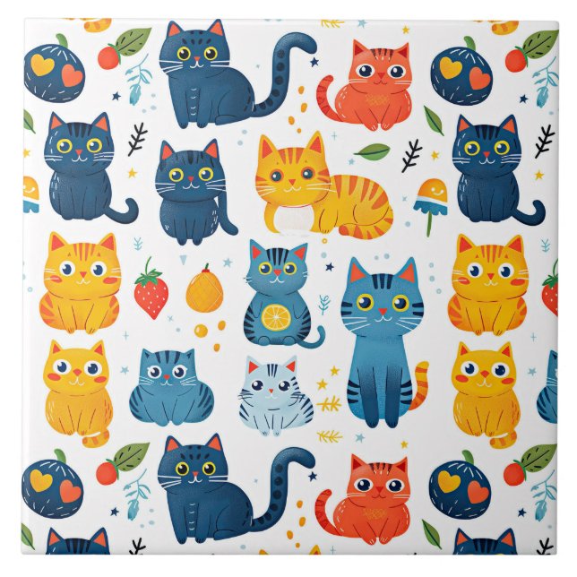  Beautiful kawaii cats, playing with toys white ba Tile (Front)