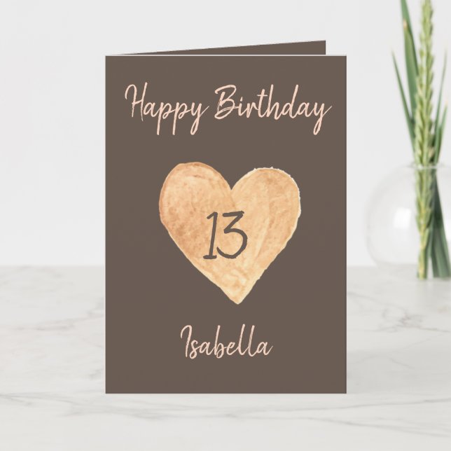 Beautiful Khaki Watercolor Heart 13th Birthday  Card (Front)