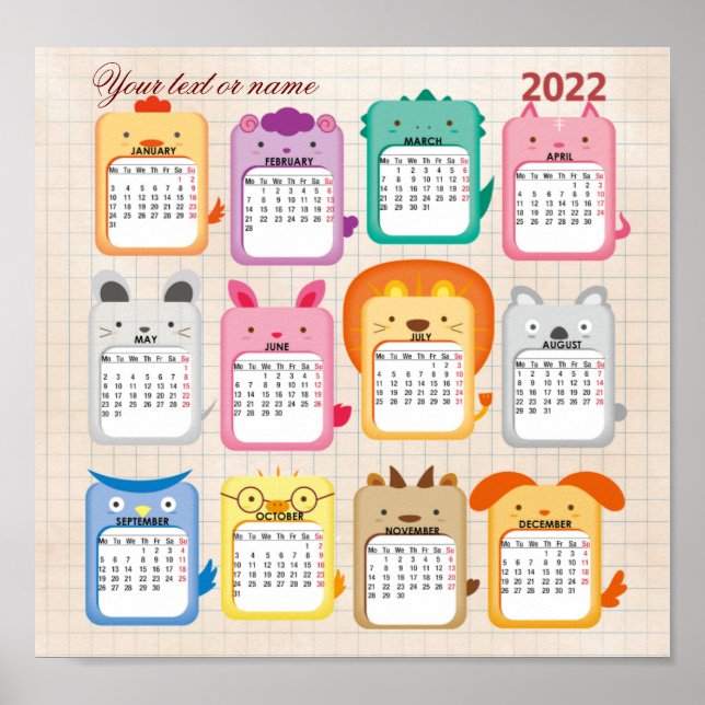 Beautiful kids calendar 2022 on poster (Front)