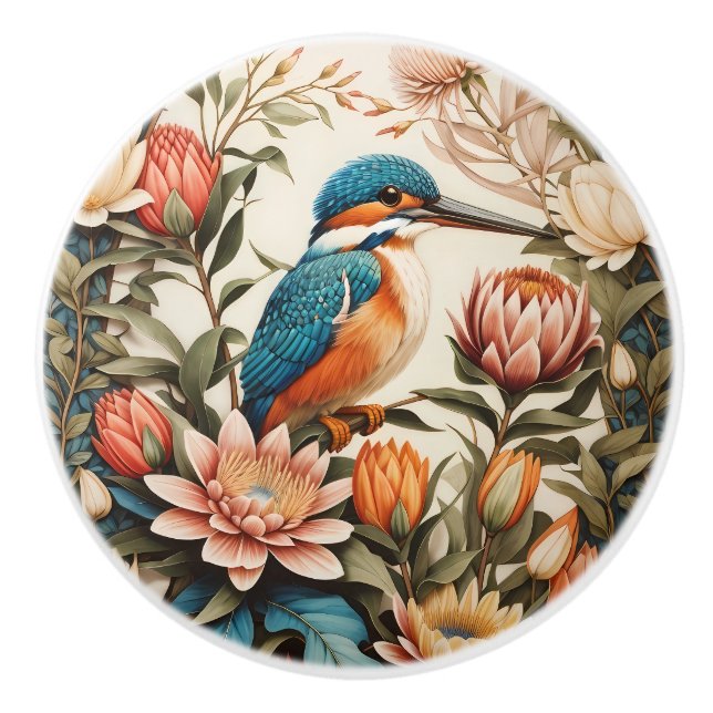 Beautiful Kingfisher and Protea Flowers Ceramic Knob (Front)