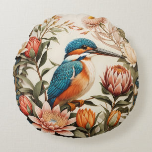 Beautiful Kingfisher and Protea Flowers Round Pillow