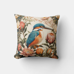 Beautiful Kingfisher and Protea Flowers Throw Pillow