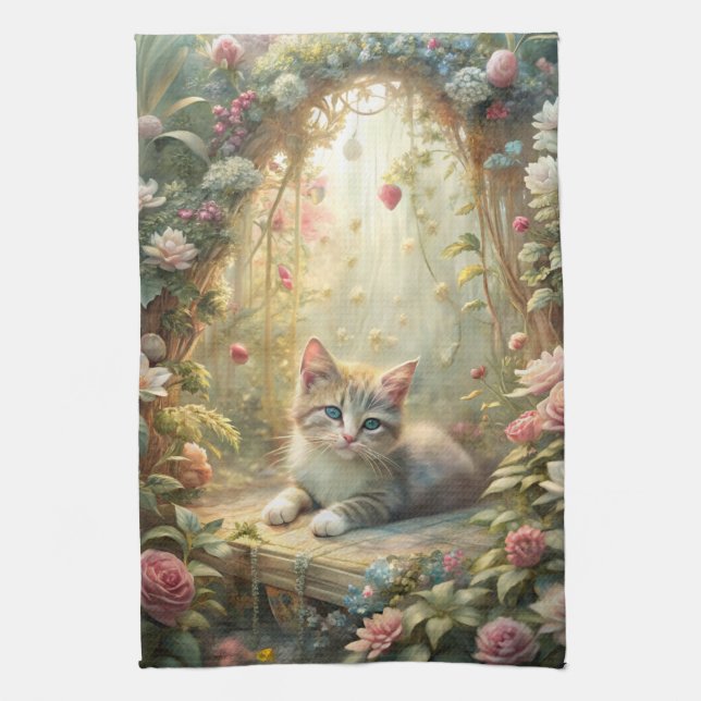 Beautiful Kitten in Rose Garden (Shabby Chic) Kitchen Towel (Vertical)