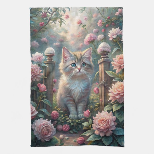 Beautiful Kitten in Rose Garden (Shabby Chic) Kitchen Towel (Vertical)