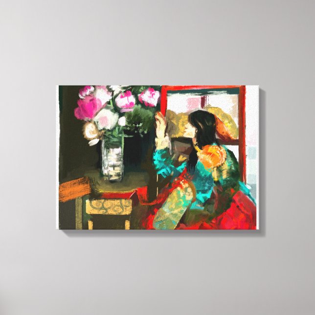 Beautiful Lady Admiring Flowers Canvas Print (Front)