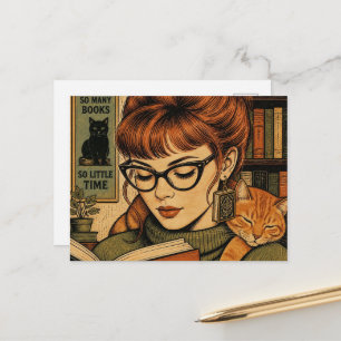 Beautiful Lady and Her Cat Reading Postcard
