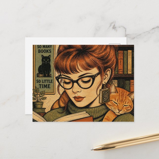 Beautiful Lady and Her Cat Reading Postcard (Front/Back In Situ)