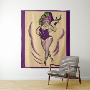 beautiful lady and her trained bird print tapestry