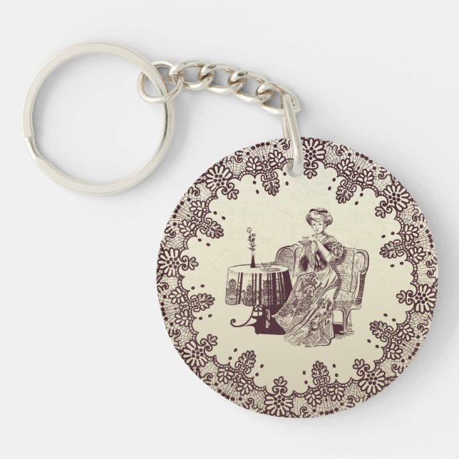 Beautiful Lady drinks tea Keychain (Front)