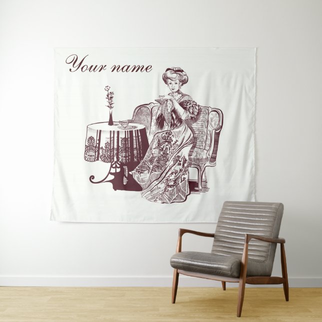 Beautiful Lady drinks tea Tapestry (In Situ (Horizontal))