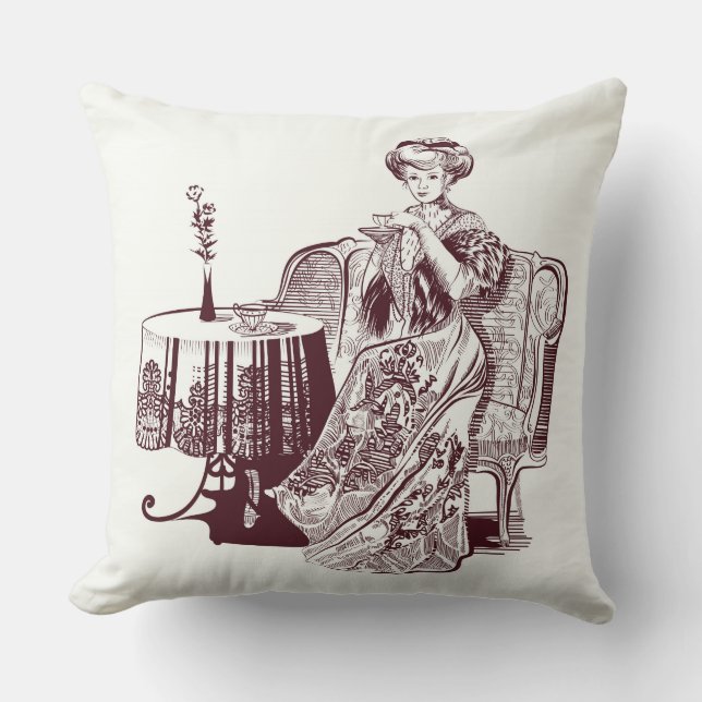 Beautiful Lady drinks tea Throw Pillow (Front)
