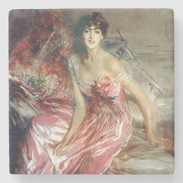 Beautiful Lady in a Pink Dress (Giovanni Boldini) Stone Coaster (Front)