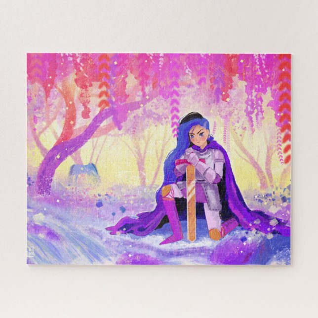 Beautiful lady knight in a blooming forest jigsaw puzzle (Horizontal)