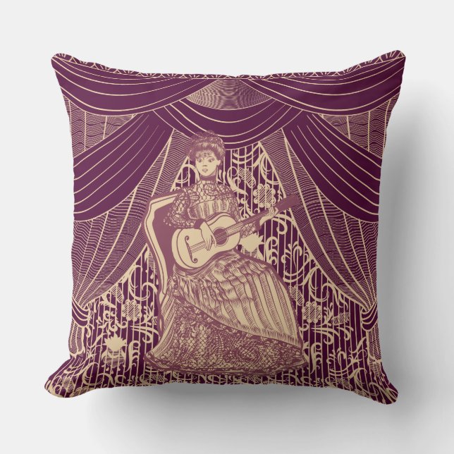 Beautiful lady with guitar throw pillow (Front)