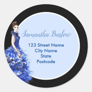 Beautiful Lady with Sparkly Blue Gown Fashion Rect Classic Round Sticker