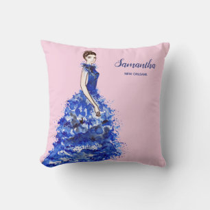 Beautiful Lady with Sparkly Blue Gown Fashion Throw Pillow