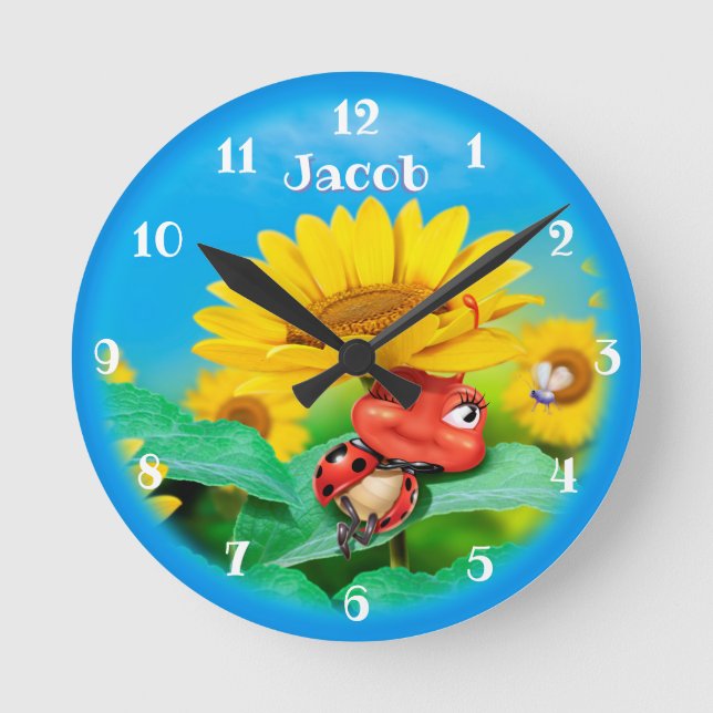 Beautiful Ladybug snoozing on Sunflowers. Medium Round Clock (Front)