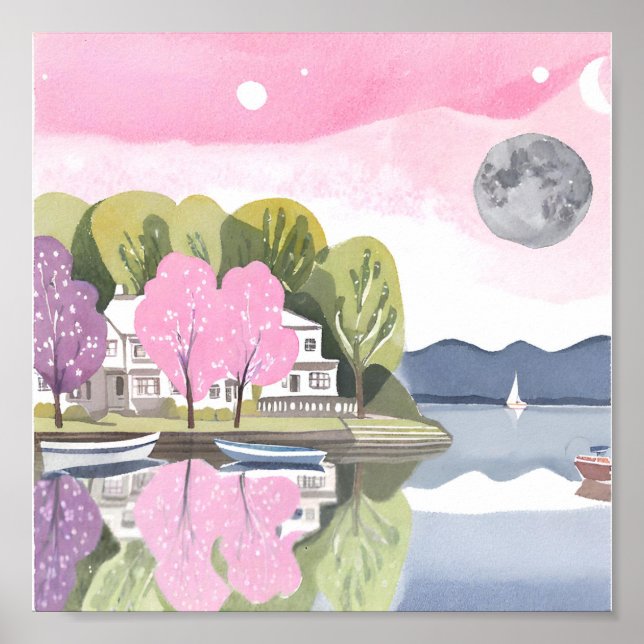 Beautiful Lake By The House With Full Moon Pink  Poster (Front)