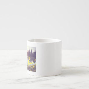 Beautiful lake in the sunrise with plastic dack espresso cup