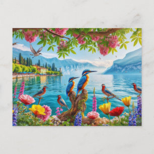 Beautiful Lake with birds and flowers Painting Postcard