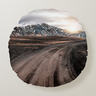Beautiful Landmanalaugar gravel dust road way on h Round Pillow