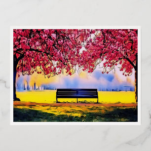 Beautiful landscape with cherry trees and a bench foil holiday postcard