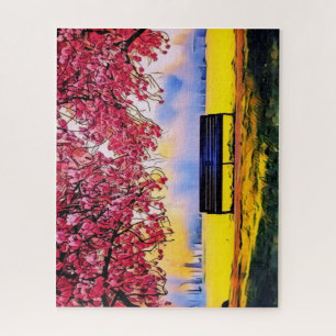 Beautiful landscape with cherry trees and a bench jigsaw puzzle