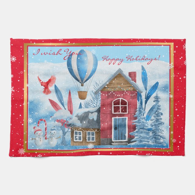 Beautiful Landscape With Snowman Customize Kitchen Towel (Horizontal)