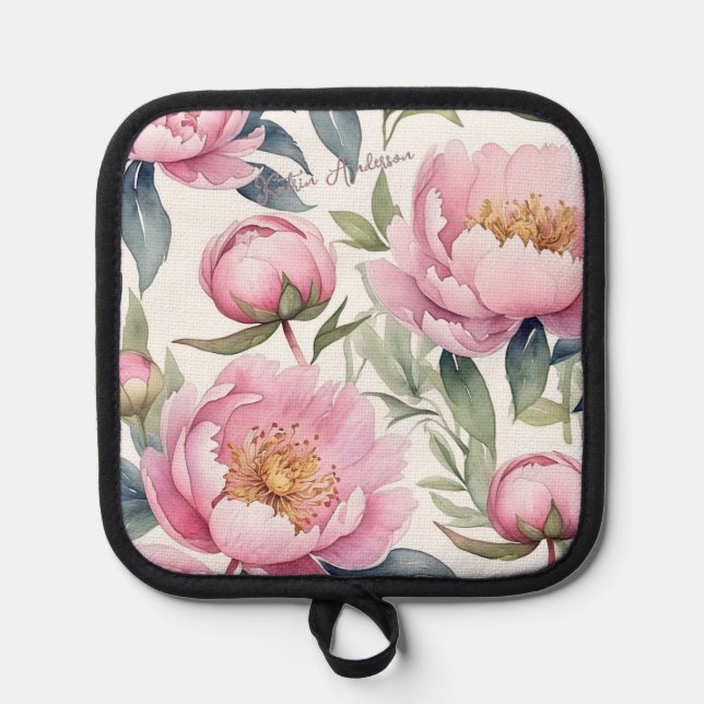 beautiful large pink peonies with a yellow core wa pot holder (Front)
