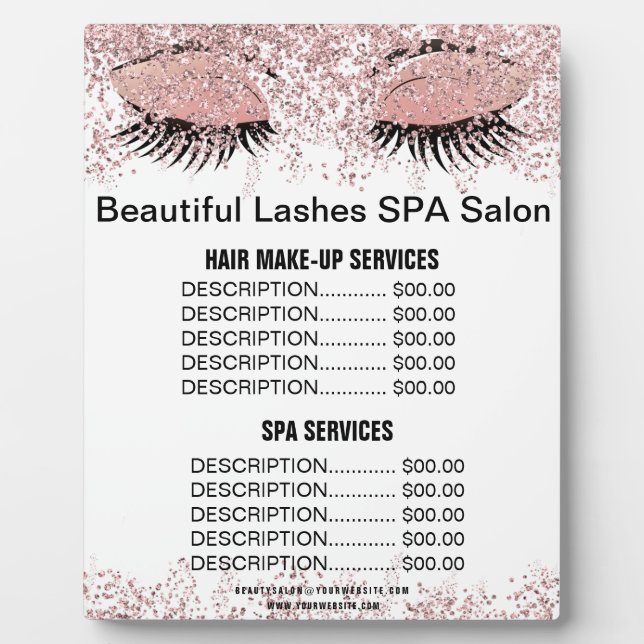 Beautiful Lashes Pink Glitter SPA Salon Price Menu Plaque (Front)