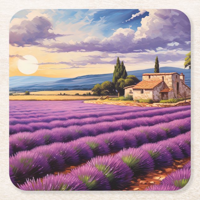 Beautiful lavender field in Provence, France Square Paper Coaster (Front)